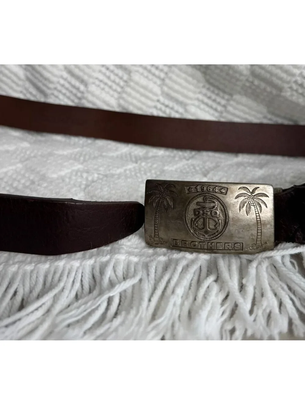 DSQUARED2 Brown Leather Belt Palm Tree Metal Buckle Size L NEW